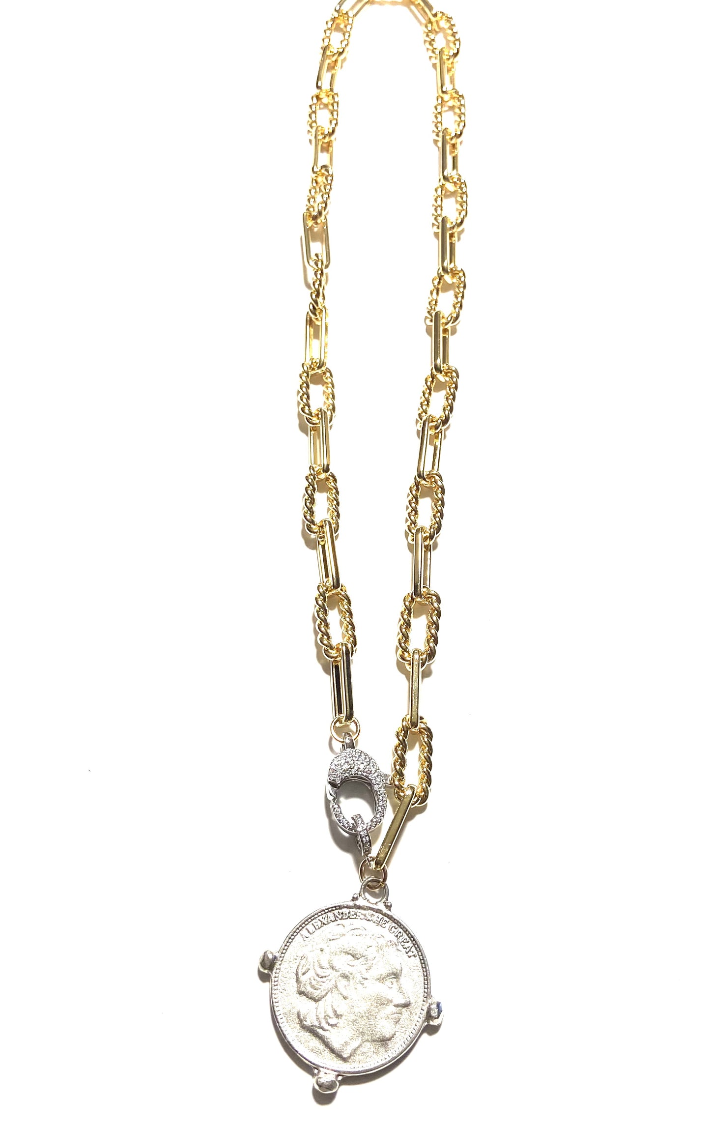 Paper Clip Chain Necklace with Large Medallion