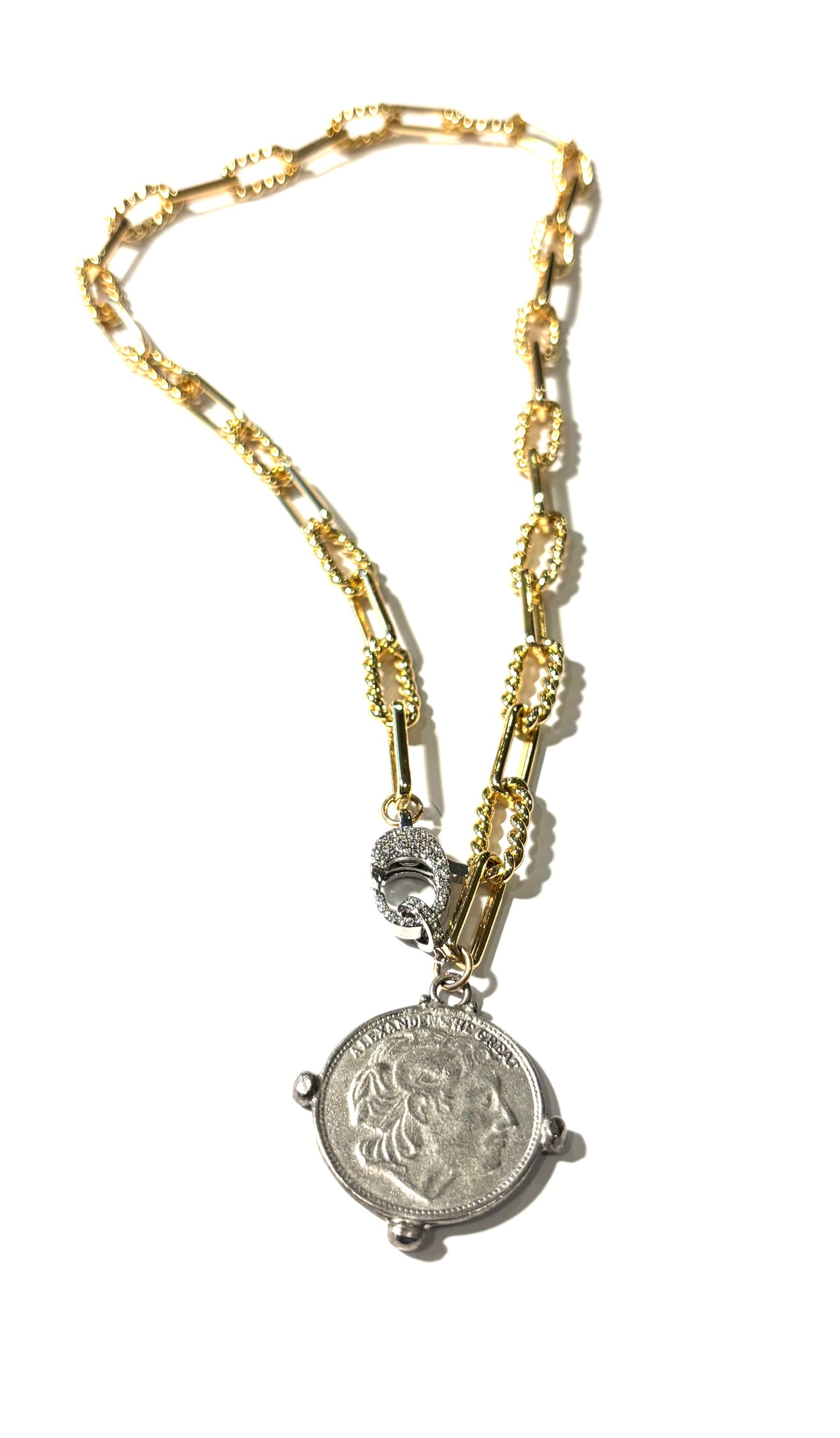 Paper Clip Chain Necklace with Large Medallion