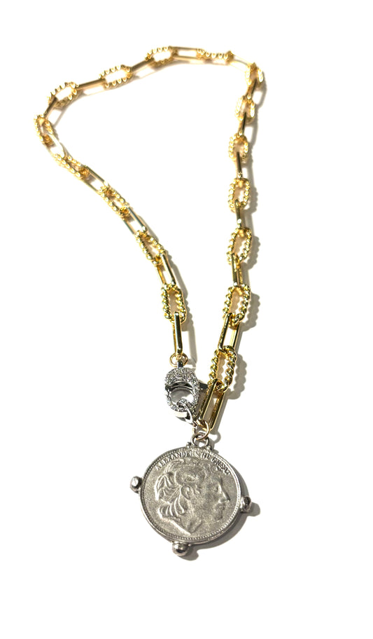 Paper Clip Chain Necklace with Large Medallion